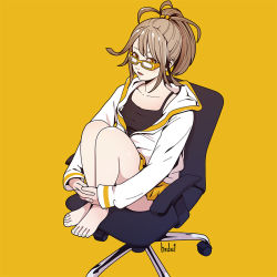 Rule 34 | 1girl, barefoot, brown hair, chair, feet, feet on chair, full body, glasses, harada yuuichi, hood, hoodie, hugging own legs, legs together, looking at viewer, miniskirt, office chair, orange eyes, original, own hands together, ponytail, simple background, sitting, skirt, solo, swivel chair, tank top, toes, yellow background