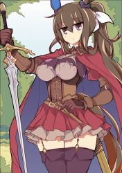 Rule 34 | 1girl, admire vega (umamusume), alternate costume, animal ears, armor, belt, blue sky, breasts, brown corset, brown eyes, brown gloves, brown hair, cape, cleavage, closed mouth, commentary request, corset, ear covers, garter straps, gloves, highres, holding, holding sword, holding weapon, horse ears, horse girl, horse tail, large breasts, long hair, looking at viewer, outdoors, petticoat, pleated skirt, ponytail, red cape, red skirt, sheath, single ear cover, skirt, sky, solo, sword, tail, tree, umamusume, wahiko (black bastard), weapon, white belt