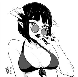 Rule 34 | 1girl, bikini, blunt bangs, bob cut, candy, demon girl, dithering, food, front-tie top, glasses, greyscale, halterneck, highres, hime-sama &quot;goumon&quot; no jikan desu, horns, lollipop, looking over eyewear, looking over glasses, mateus upd, monochrome, nail polish, pointy ears, round eyewear, signature, simple background, solo, sunglasses, swimsuit, tinted eyewear, torture tortura, upper body