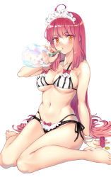 Rule 34 | 1girl, bikini, breasts, bubble, blowing bubbles, bubble pipe, cleavage, highres, large breasts, long hair, looking at viewer, maid, maid bikini, maid headdress, navel, orange eyes, original, pink hair, simple background, solo, super zombie, swimsuit, unconventional maid, very long hair, white background