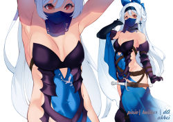 Rule 34 | 1girl, armor, armpits, arms up, artist name, bare shoulders, belt, black gloves, blue bow, blue tabard, bow, breastplate, breasts, choker, cleavage, clothing cutout, commentary, covered navel, cowboy shot, dagger, dagger earrings, dancer, drop earrings, earrings, elbow gloves, english commentary, floral print, gauntlets, girls&#039; frontline, gloves, hair bow, hairband, hand in own hair, jewelry, kani fish, knife, labyrinth of the dark, lace-trimmed hairband, lace trim, long hair, looking at viewer, mouth veil, navel, navel cutout, no panties, red eyes, sabaton, sheath, sideboob, sidelocks, simple background, small breasts, smile, solo, tabard, tokarev (girls&#039; frontline), tokarev (griffin&#039;s dancer) (girls&#039; frontline), vambraces, veil, very long hair, weapon, white background, white hair