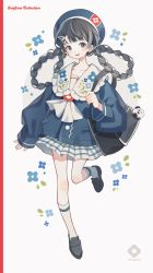 Rule 34 | 1girl, absurdres, braid, braided hair rings, flower, frills, full body, grey eyes, grey hair, hair ornament, hair rings, hairclip, hat, highres, huge filesize, charm (object), leg up, loose clothes, original, pleated skirt, sailor hat, school uniform, shiraho (color-56), simple background, skirt, socks, twin braids, white background