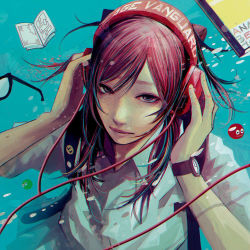 Rule 34 | 1girl, closed mouth, collared shirt, freckles, from above, hands on own head, headphones, long hair, looking at viewer, pink hair, shirt, solo, village vangard, wataboku, watch, white shirt, wing collar, wristwatch