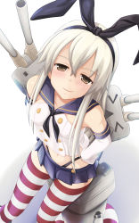 Rule 34 | &gt; &lt;, 10s, 1girl, :3, blonde hair, blue skirt, blush, brown eyes, closed eyes, elbow gloves, gloves, hairband, hand on own hip, highres, kantai collection, long hair, looking at viewer, navel, rensouhou-chan, shimakaze (kancolle), skirt, smile, solo, striped clothes, striped thighhighs, takacchi, thighhighs, white gloves