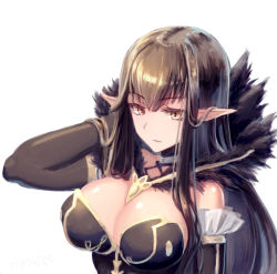 Rule 34 | 1girl, bad id, bad pixiv id, bare shoulders, black hair, breasts, brown eyes, cleavage, coat, detached sleeves, dress, fate/apocrypha, fate (series), fur coat, garutaisa, large breasts, long hair, pointy ears, semiramis (fate), simple background, slit pupils, solo, upper body, white background