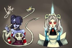 Rule 34 | 2girls, apron, aundre thompson, bare shoulders, bloody marie (skullgirls), blue hair, blue skin, breasts, colored skin, detached sleeves, glowing, glowing eyes, hair ornament, hair over one eye, leviathan (skullgirls), lips, maid apron, maid headdress, multiple girls, red eyes, ribs, sideboob, signature, skull hair ornament, skullgirls, squigly (skullgirls), stitched mouth, stitches, twintails, white hair, yellow eyes, zombie