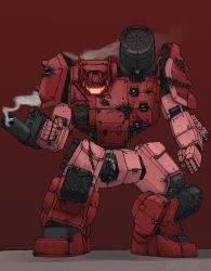 Rule 34 | absurdres, arm cannon, battletech, clenched hands, damaged, highres, looking at viewer, mecha, mymyc, no humans, red background, robot, science fiction, shoulder cannon, solo, thunderbolt (battletech), weapon