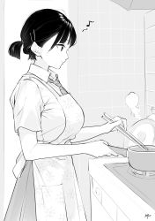 Rule 34 | 1girl, absurdres, apron, breasts, chopsticks, closed mouth, collared shirt, commentary request, eighth note, floral print, frying pan, greyscale, hair ornament, hairclip, highres, holding, holding chopsticks, indoors, medium breasts, monochrome, musical note, necktie, original, plaid necktie, plaid neckwear, pleated skirt, ponytail, print apron, profile, shirt, short sleeves, skirt, smile, solo, stove, takenoko no you, tile wall, tiles
