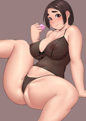 Rule 34 | 1girl, absurdres, arm support, ass, bare shoulders, black camisole, black hair, black panties, blush, breasts, brown eyes, camisole, censored, commentary request, condom, condom wrapper, highres, holding, holding condom, large breasts, looking at viewer, midriff, mosaic censoring, navel, nemui333, nipples, original, panties, plump, pussy, reclining, see-through, see-through panties, short hair, smile, solo, spread legs, thick thighs, thighs, thong, underwear