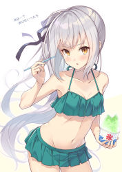 Rule 34 | 1girl, bikini, breasts, brown eyes, commentary request, cowboy shot, food, green bikini, green skirt, grey hair, highres, kantai collection, kasumi (kancolle), long hair, nueco, pleated skirt, shaved ice, side ponytail, simple background, skirt, small breasts, solo, swimsuit, white background