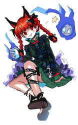 Rule 34 | 1girl, :p, absurdres, animal ears, arm support, black bow, black footwear, black ribbon, blunt tresses, blush, bone, bow, braid, breasts, cat ears, commentary, dress, extra ears, eyebrows hidden by hair, floating skull, footwear bow, full body, green dress, hair bow, hair ribbon, highres, hitodama, holding, ichirugi, invisible chair, kaenbyou rin, knees up, leg ribbon, long hair, long sleeves, looking at viewer, mary janes, no socks, pointy ears, red eyes, red hair, ribbon, shoes, simple background, sitting, small breasts, solo, star (symbol), tongue, tongue out, touhou, tress ribbon, twin braids, white background