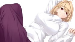 Rule 34 | 1girl, ahoge, arcueid brunestud, arm behind head, arm up, blonde hair, blush, breasts, from above, hair intakes, hands up, highres, knees up, large breasts, long skirt, looking at viewer, lying, on back, purple skirt, red eyes, sebire, short hair, simple background, skirt, smile, solo, sweater, tsukihime, turtleneck, turtleneck sweater, wallpaper, white sweater