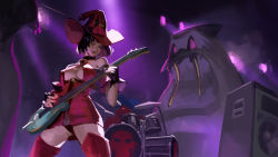 Rule 34 | 1girl, concert, dress, electric guitar, fingerless gloves, gloves, guilty gear, guilty gear xrd, guitar, hat, i-no, instrument, music, o-ring, o-ring top, phamoz, playing instrument, red dress, red headwear, red legwear, short dress, short hair, witch hat