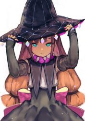 Rule 34 | 1girl, back bow, black skirt, blue eyes, bow, brown hair, closed mouth, commentary request, detached sleeves, hands on headwear, hands up, hat, high-waist skirt, long hair, low-tied long hair, original, pink bow, sibyl, skirt, sleeves past wrists, solo, witch hat