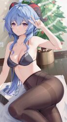 Rule 34 | 1girl, absurdres, ahoge, alternate costume, arm support, arm up, black panties, black pantyhose, blue hair, breasts, cellphone, christmas tree, closed mouth, commentary request, contemporary, covered navel, crop top, electrical outlet, feet out of frame, ganyu (genshin impact), genshin impact, goat horns, gradient eyes, hair between eyes, highres, horns, indoors, leaning to the side, linea alba, long hair, looking at viewer, medium breasts, multi-strapped panties, multicolored eyes, paid reward available, panties, panties under pantyhose, pantyhose, phone, plant, potted plant, purple eyes, reflective floor, rosumerii, see-through, see-through legwear, shirt, short sleeves, sidelocks, sitting, smartphone, smile, solo, sparkle, string panties, t-shirt, thighband pantyhose, thighs, thong, underwear, v, wall, white shirt, wooden floor