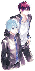 Rule 34 | 2boys, blue eyes, blue hair, closed mouth, commentary request, frown, hand in pocket, height difference, kagami taiga, kuroko no basuke, kuroko tetsuya, light blue hair, long sleeves, looking to the side, multiple boys, necktie, open clothes, pants, red eyes, red hair, school uniform, shirt, smile, torisu, white shirt