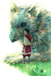 Rule 34 | 1boy, bad id, bad pixiv id, creature, feathers, griffin, k-sara, male focus, sandals, short hair, solo, the boy (the last guardian), the last guardian, trico (character), tunic