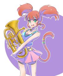 Rule 34 | 10s, 1girl, aqua eyes, bell, neck bell, breasts, cat tail, check commentary, cleavage, collar, commentary request, euphonium, fang, hibike! euphonium, iesupa, instrument, neon katt, orange hair, rwby, voice actor connection, shorts under skirt, solo, tail, twintails