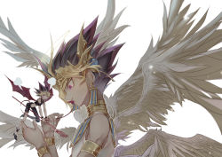 Rule 34 | 2boys, absurdres, alternate costume, angel, angel and devil, angel wings, armband, atem, bare shoulders, black footwear, black pants, blurry, bokeh, bracelet, crown, demon, demon boy, demon tail, demon wings, depth of field, diadem, dyed bangs, earrings, fantasy, feathered wings, full body, halo, highres, holding, holding trident, holding weapon, jewelry, looking at another, male focus, midriff, multicolored hair, multiple boys, multiple wings, muto yugi, pants, polearm, purple eyes, simple background, sleeveless, spiked hair, tail, tools, trident, upper body, weapon, white background, white wings, wings, yami yugi, yu-gi-oh!