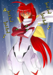 Rule 34 | 1girl, bodysuit, bow, buster machine 7, crossed arms, hair bow, kagami sumika, muv-luv, nono (top wo nerae 2!), parody, red eyes, red hair, scarf, solo, top wo nerae 2!