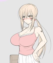Rule 34 | 1girl, armored core, armored core: master of arena, barcode, blonde hair, blush, breasts, brown eyes, camisole, female focus, from software, grey background, huge breasts, impossible clothes, impossible shirt, lace, lana nielsen, ponytail, shirt, simple background, solo, standing, tattoo