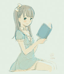 Rule 34 | 1girl, bad id, bad tumblr id, blue background, blue dress, blush, book, bow, breasts, brown eyes, brown hair, closed mouth, collar, dress, hair bow, highres, holding, holding book, kokudou juunigou, long hair, looking at viewer, looking to the side, open book, original, puffy short sleeves, puffy sleeves, see-through, short sleeves, signature, simple background, sitting, small breasts, smile, solo, thighhighs, white bow, white collar, white thighhighs