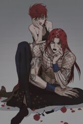 Rule 34 | 1boy, 1girl, arm tattoo, black lips, breasts, cleavage, diavolo, father and daughter, flower, green eyes, hand on own cheek, hand on own face, highres, jojo no kimyou na bouken, knee up, knife, lipstick, long hair, makeup, medium breasts, parted lips, petals, pink hair, pink lips, ringpullwww, rose, short hair, sitting, spotted hair, tattoo, tattoo sleeve, trish una, vento aureo, wristband