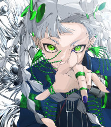 Rule 34 | 1girl, absurdres, braid, daichi, earrings, green eyes, highres, jewelry, nail polish, original, pointing, pointing at viewer, purple nails, ring, simple background, solo, white background, white hair