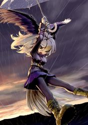 Rule 34 | 1girl, 910m27r, arms up, backlighting, bald eagle (kemono friends), belt, bird girl, bird tail, bird wings, blonde hair, buttons, cloud, cloudy sky, dutch angle, eyelashes, gloves, hair between eyes, head wings, holding, holding umbrella, horizon, jacket, kemono friends, long hair, looking at viewer, looking down, midair, miniskirt, multicolored hair, open mouth, outdoors, pantyhose, pleated skirt, rain, shoes, skirt, sky, smile, solo, spread legs, spread wings, tail, transparent, transparent umbrella, twilight, two-tone hair, umbrella, water, white hair, wings, yellow eyes