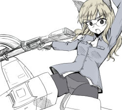 Rule 34 | 1girl, animal ears, black pantyhose, blonde hair, breasts, cat ears, glasses, gun, liar lawyer, long hair, looking at viewer, military uniform, neckerchief, open mouth, panties, panties under pantyhose, pantyhose, partially colored, perrine h. clostermann, rifle, simple background, sketch, small breasts, strike witches, striker unit, underwear, uniform, weapon, white background, white panties, world witches series