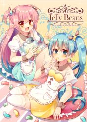 Rule 34 | 2girls, :d, apron, blue eyes, blue hair, blush, breasts, brown eyes, brown ribbon, candy, closed mouth, collarbone, commentary request, detached collar, english text, engrish text, fang, fingernails, food, frilled apron, frilled pillow, frills, hair between eyes, hair ribbon, heart, highres, holding, holding candy, holding food, jelly bean, long hair, multiple girls, open mouth, original, pillow, pink hair, pk (mukasihasakana), puffy short sleeves, puffy sleeves, ranguage, ribbon, shirt, short sleeves, side ponytail, sidelocks, skirt, small breasts, smile, striped ribbon, thighhighs, two side up, very long hair, waist apron, white apron, white legwear, white shirt, wrist cuffs, yellow skirt