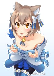 Rule 34 | 10s, 1boy, :3, :d, absurdres, animal ears, armpits, bare shoulders, black pantyhose, blue background, blue dress, blue neckwear, blue ribbon, blue thighhighs, blush, bob cut, bolo tie, bow, breasts, brown hair, cat boy, cat ears, choker, cleavage, clothes pull, collarbone, commentary request, cowboy shot, cross-laced clothes, detached sleeves, dress, dress bow, dress pull, eyelashes, felix argyle, frilled dress, frills, front-tie top, gradient background, hair between eyes, hair bow, hair ribbon, highres, jewelry, kirisame mia, lace, lace-trimmed dress, lace-trimmed sleeves, lace trim, layered dress, leaning forward, legs together, looking at viewer, male focus, open mouth, orange eyes, pantyhose, parted bangs, pendant, re:zero kara hajimeru isekai seikatsu, ribbon, shiny skin, short dress, short eyebrows, short hair, simple background, small breasts, smile, solo, spaghetti strap, standing, striped clothes, striped dress, striped pantyhose, striped ribbon, striped thighhighs, teeth, thick eyebrows, thighhighs, thighhighs over pantyhose, trap, twitter username, vertical-striped clothes, vertical-striped dress, vertical-striped thighhighs, white background, white bow