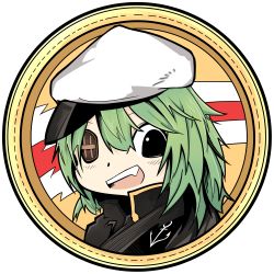 Rule 34 | 10s, 1girl, anchor symbol, bad id, bad pixiv id, black eyes, cape, chibi, dmt (auburn), eyepatch, fang, gold trim, green hair, hat, kantai collection, kiso (kancolle), looking at viewer, open mouth, sailor hat, smile, solo, transparent background, upper body