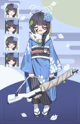Rule 34 | 1girl, absurdres, ahoge, black footwear, black hair, black pants, blue archive, blue background, blue kimono, bow, braid, closed eyes, closed mouth, crying, egasumi, facepaint, flower, full body, fur-trimmed kimono, fur trim, green bow, grey halo, gun, hakama, hakama pants, halo, highres, holding, holding gun, holding weapon, hydrangea, hydrangea hair ornament, japanese clothes, kimono, leaf, leaf background, leaf on head, leaf print, miyu (blue archive), multiple views, nervous sweating, new year, obi, open mouth, pants, rabbit ornament, raised eyebrows, red eyes, reflector178, rifle, runny nose, sandals, sash, scared, single braid, smile, snot, socks, solo, striped clothes, striped pants, sweat, tabi, tears, turn pale, weapon, white socks, zouri