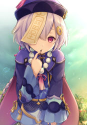 Rule 34 | 1girl, black nails, blue dress, commentary request, dress, finger to mouth, genshin impact, hair between eyes, hair ornament, hand up, hat, highres, kiri celea, long sleeves, looking at viewer, nail polish, ofuda, purple eyes, purple hair, purple hat, qingdai guanmao, qiqi (genshin impact), signature, sleeves past wrists, solo, standing, wide sleeves