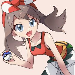 Rule 34 | 1girl, :d, bare shoulders, blue eyes, bow, brown hair, collarbone, creatures (company), fang, fanny pack, game freak, great ball, hair bow, holding, holding poke ball, looking at viewer, may (pokemon), nintendo, open mouth, poke ball, pokemon, pokemon adventures, red bow, red shirt, roy payne, shirt, shorts, sleeveless, sleeveless shirt, smile, solo, white background