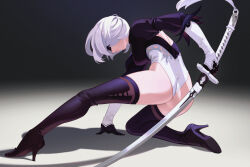 Rule 34 | 1girl, ass, back cutout, black blindfold, blindfold, boots, clothing cutout, dnaitari, feather-trimmed sleeves, feather trim, full body, high heel boots, high heels, highres, holding, holding sword, holding weapon, juliet sleeves, katana, leotard, long sleeves, mole, mole under mouth, nier:automata, nier (series), on one knee, puffy sleeves, short hair, solo, sword, thigh boots, thighhighs, thighhighs under boots, thong leotard, weapon, white hair, white leotard, 2b (nier:automata)