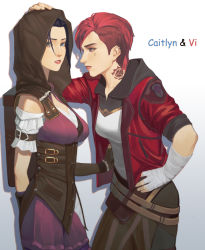 Rule 34 | 2girls, absurdres, arcane: league of legends, arcane caitlyn, arcane vi, arm behind back, backpack, bag, bandaged arm, bandaged hand, bandages, bare shoulders, belt, black hoodie, breasts, brown bag, brown belt, brown gloves, brown hood, brown pants, caitlyn (league of legends), character name, commentary request, fingerless gloves, gloves, gradient background, hand on another&#039;s head, hand on own hip, highres, hood, hood down, hood up, hoodie, irgom, jacket, league of legends, medium breasts, multiple girls, open clothes, open jacket, pants, parted lips, red hair, red jacket, short hair, smile, tattoo, teeth, vi (league of legends), yuri