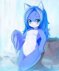 Rule 34 | 1girl, :3, against rock, animal ears, bathing, blue eyes, blue hair, blush, fang, fang out, fox ears, furry, furry female, holding tail, long hair, matching hair/eyes, nude, original, outdoors, smile, solo, syane (schnell854), tail, wading, water, waterfall