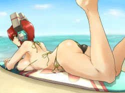Rule 34 | 1girl, ass, barefoot, beach, bikini, breasts, cosmic break, day, foreshortening, large breasts, lying, maril march, red hair, skj, solo, surfboard, swimsuit, yellow eyes