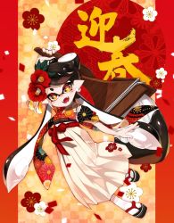 Rule 34 | + +, 1girl, black footwear, black hair, brown eyes, callie (splatoon), commentary, earrings, fangs, floral background, floral print, flower, hair flower, hair ornament, highres, holding, holding behind back, holding weapon, inkling, japanese clothes, jewelry, kanji, kimono, long hair, looking at viewer, mask, mole, mole under eye, nintendo, nomu (29 nom), obijime, octobrush (splatoon), open mouth, pointy ears, print kimono, red flower, sandals, smile, solo, standing, tabi, tentacle hair, very long hair, weapon, white kimono, white legwear