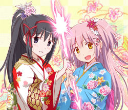 Rule 34 | 10s, 2girls, akemi homura, alternate costume, alternate hairstyle, arrow (projectile), ayukko (forest village), floral print, flower, glowing, glowing weapon, hair flower, hair ornament, hair ribbon, hairclip, hexagon, honeycomb pattern, japanese clothes, kaname madoka, kimono, long hair, looking at viewer, magical girl, mahou shoujo madoka magica, mahou shoujo madoka magica (anime), multiple girls, new year, obi, open mouth, pink hair, ponytail, purple eyes, ribbon, sash, smile, two side up, ultimate madoka, upper body, weapon, wide sleeves, yellow eyes