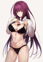 Rule 34 | 1girl, alternate costume, beige background, black bra, black panties, bra, breasts, candy, chocolate, chocolate heart, chocolate on body, chocolate on breasts, cleavage, clothes lift, cowboy shot, fate/grand order, fate (series), food, food on body, heart, jilllxlxl, large breasts, lifting own clothes, lingerie, long hair, long sleeves, looking at viewer, navel, panties, purple hair, red eyes, scathach (fate), shiny skin, simple background, solo, standing, stomach, straight hair, sweater, sweater lift, underwear, very long hair, white sweater