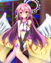 Rule 34 | 10s, 1girl, angel wings, black gloves, blurry, blush, bookshelf, breasts, spiked halo, gloves, halo, highres, jibril (no game no life), long hair, looking at viewer, magic circle, midriff, navel, no game no life, pink hair, pink thighhighs, single thighhigh, sitting, smile, solo, tattoo, thighhighs, wings, yellow eyes, ymd (holudoun)
