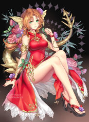 Rule 34 | 1girl, au ra, barefoot, braid, breasts, brown hair, china dress, chinese clothes, commission, dated, dragon horns, dragon tail, dress, final fantasy, final fantasy xiv, flower, gradient background, green eyes, hair flower, hair ornament, highres, horns, ling (doraling12), long hair, looking at viewer, medium breasts, sandals, scales, side slit, sleeveless, solo, tail, watermark, wrist cuffs