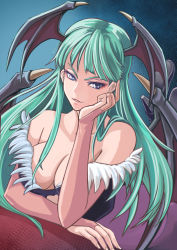 Rule 34 | 1girl, bare shoulders, bat wings, black footwear, boots, breasts, bridal gauntlets, cleavage, commentary, eyeshadow, feather trim, fingernails, green hair, hair over breasts, hair over one breast, hand on own cheek, hand on own face, head rest, head wings, high heel boots, high heels, highres, kakato, long hair, looking at viewer, lying, makeup, morrigan aensland, parted lips, smile, solo, vampire (game), wings