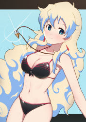 Rule 34 | + +, 1girl, bare shoulders, bikini, black bikini, blonde hair, blue background, blue eyes, blue hair, blush, breasts, cleavage, collarbone, commentary, cowboy shot, cross-shaped pupils, earrings, glint, hair between eyes, highres, jewelry, letterboxed, long hair, looking at viewer, medium breasts, midriff, multicolored hair, navel, necklace, nia teppelin, sidelocks, smile, solo, swimsuit, symbol-shaped pupils, tengen toppa gurren lagann, thighs, two-tone hair, uneg, very long hair