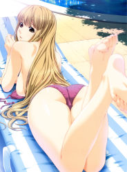 Rule 34 | 00s, 1girl, absurdres, arm support, ass, barefoot, bikini, unworn bikini top, blurry, breasts, brown eyes, brown hair, chair, curvy, depth of field, feet, feet up, foot focus, from above, from behind, highres, ino (magloid), kimihagu, large breasts, legs, light brown hair, long hair, looking back, lounge chair, lying, on stomach, parted lips, photoshop (medium), pool, poolside, red bikini, sakurano miren, sideboob, soles, solo, striped, swimsuit, the pose, toes, topfreedom, topless, tree shade, untied, very long hair, wide hips