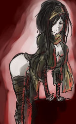 Rule 34 | 1girl, bandages, bandana, bent over, black hair, breasts, character request, cleavage, colored skin, grey skin, large breasts, messy hair, nameo (judgemasterkou), pale skin, red eyes, scarf, siren (series), siren 2, solo, thighhighs