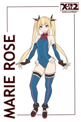 Rule 34 | 1girl, alternate costume, ankle boots, armpits, arms at sides, artist name, artist request, bare shoulders, black footwear, black gloves, black ribbon, blonde hair, blue eyes, blue leotard, blue one-piece swimsuit, blue thighhighs, blunt bangs, boots, bow, bowtie, breasts, character name, covered navel, cross-laced clothes, dead or alive, dead or alive 5, detached sleeves, fingerless gloves, flat color, framed, frills, full body, gloves, grin, hair ribbon, halterneck, leotard, long hair, looking at viewer, marie rose, o-ring, one-piece swimsuit, parted bangs, parted lips, red bow, red bowtie, ribbon, sidelocks, simple background, single vertical stripe, small breasts, smile, solo, standing, swimsuit, thighhighs, twintails, very long hair, watermark, web address, white background, x-t3al